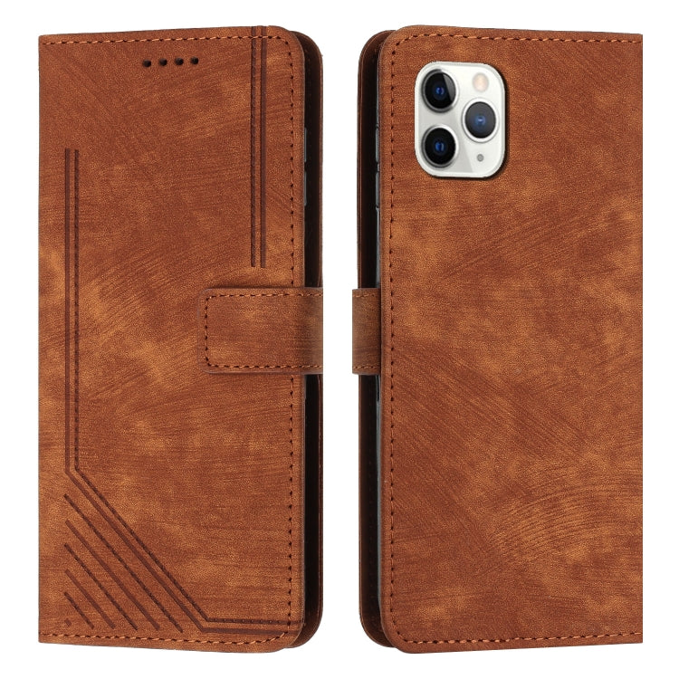 For iPhone 11 Pro Skin Feel Stripe Pattern Leather Phone Case with Lanyard