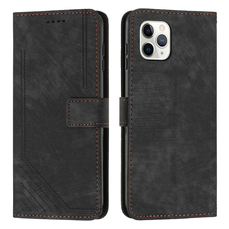 For iPhone 11 Pro Max Skin Feel Stripe Pattern Leather Phone Case with Lanyard