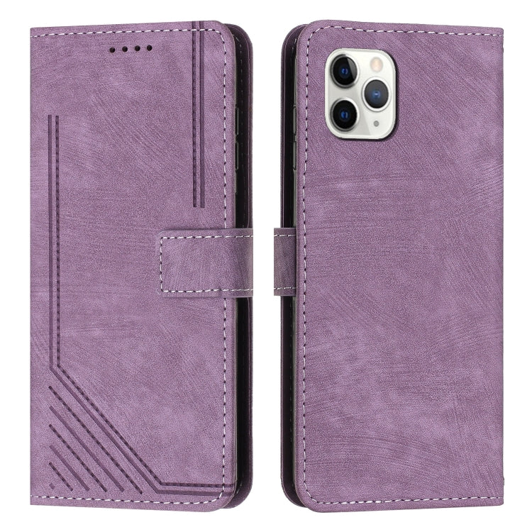 For iPhone 11 Pro Max Skin Feel Stripe Pattern Leather Phone Case with Lanyard