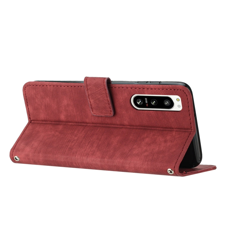 For Sony Xperia 5 IV Skin Feel Stripe Pattern Leather Phone Case with Lanyard