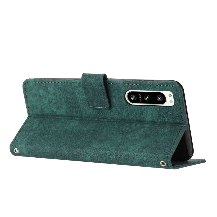 For Sony Xperia 5 IV Skin Feel Stripe Pattern Leather Phone Case with Lanyard