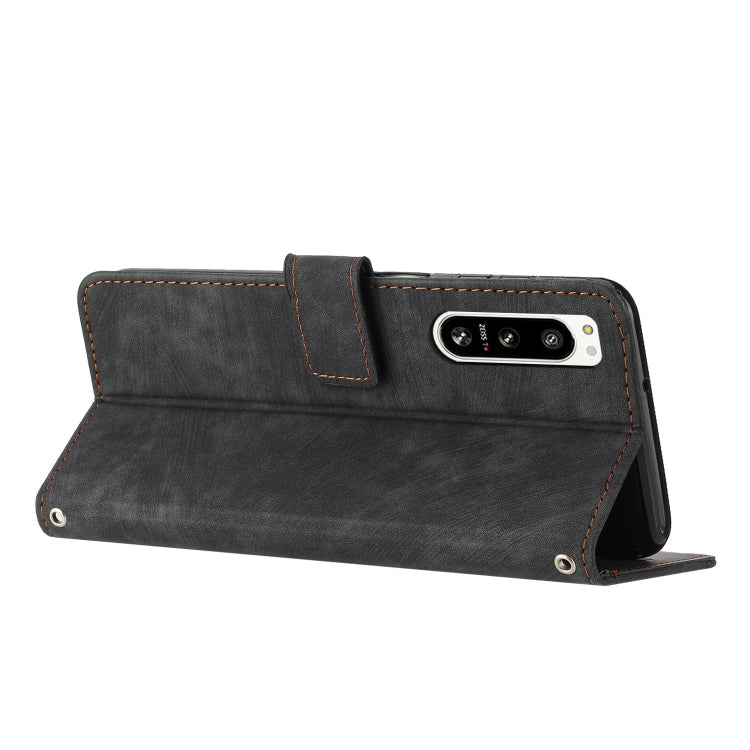 For Sony Xperia 5 IV Skin Feel Stripe Pattern Leather Phone Case with Lanyard