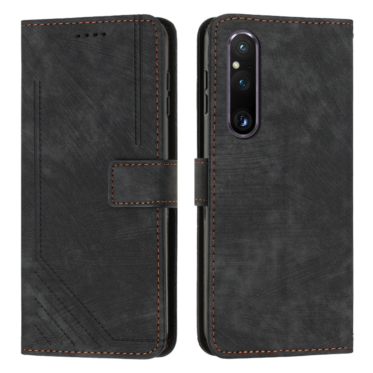 For Sony Xperia 1 V 2023 Skin Feel Stripe Pattern Leather Phone Case with Lanyard