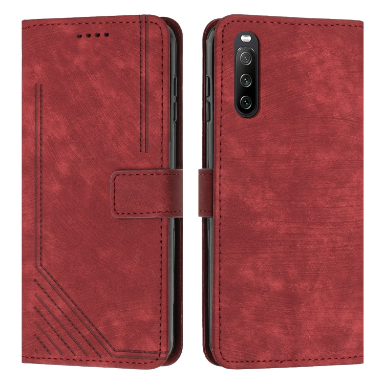 For Sony Xperia 10 V 2023 Skin Feel Stripe Pattern Leather Phone Case with Lanyard