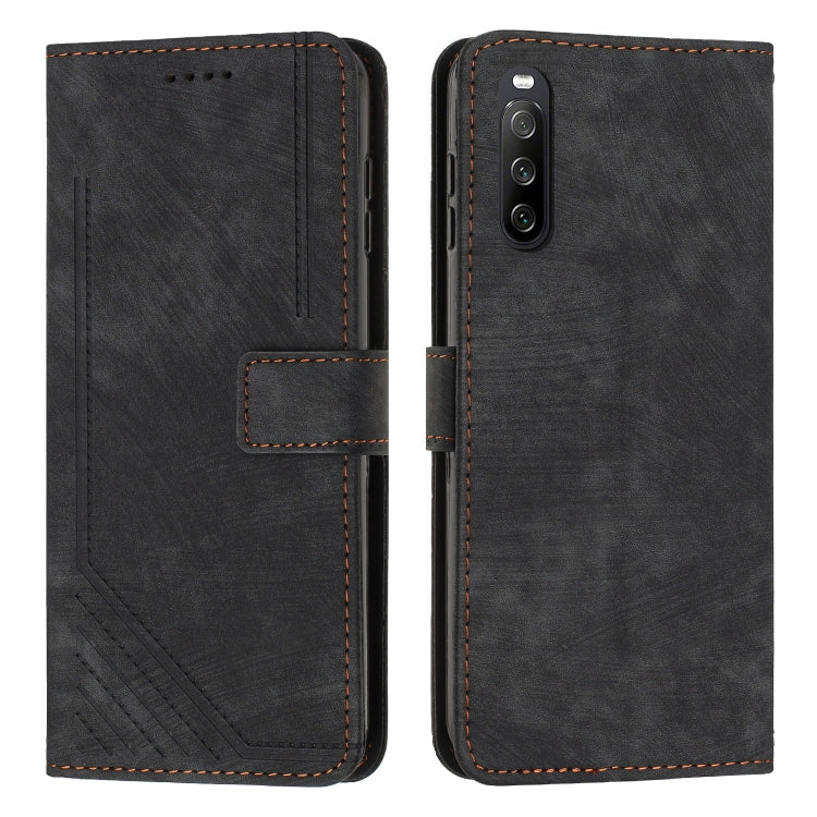 For Sony Xperia 10 V 2023 Skin Feel Stripe Pattern Leather Phone Case with Lanyard