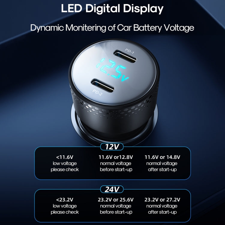 JOYROOM JR-CCD02 70W Dual PD Ports Digital Display Car Charger(Black)