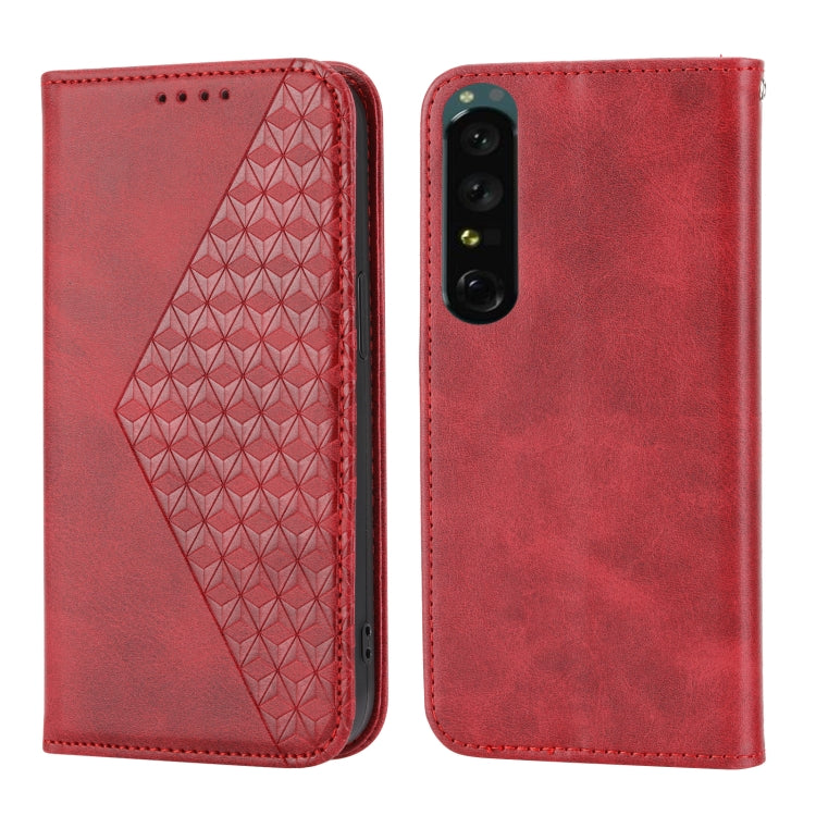 For Sony Xperia 1 V 5G Cubic Grid Calf Texture Magnetic Leather Phone Case