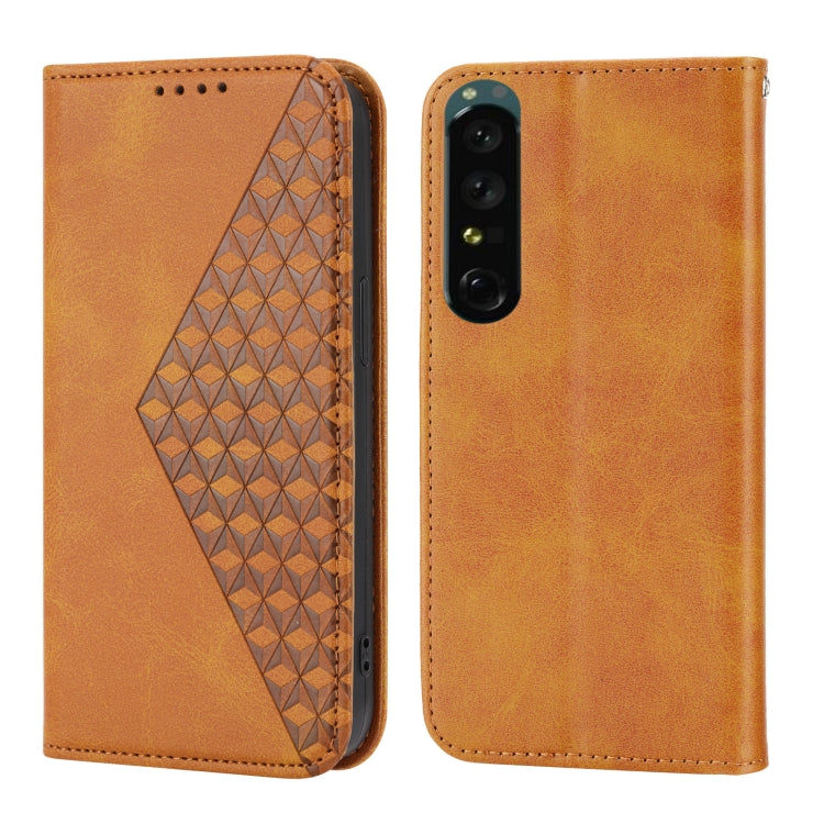For Sony Xperia 1 V 5G Cubic Grid Calf Texture Magnetic Leather Phone Case