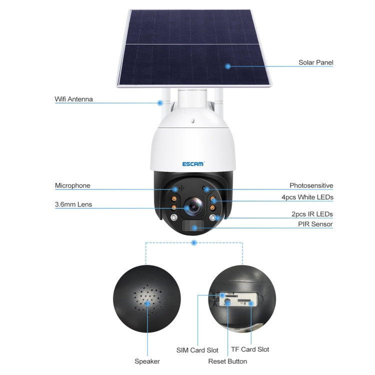 ESCAM QF724 3MP 24h Recording Cloud Storage PT 4G PIR Alarm IP Camera with Solar Panel, AU Signal Bands