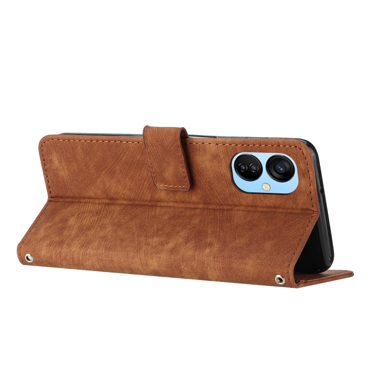 For Tecno Spark 9T Skin Feel Stripe Pattern Leather Phone Case with Lanyard