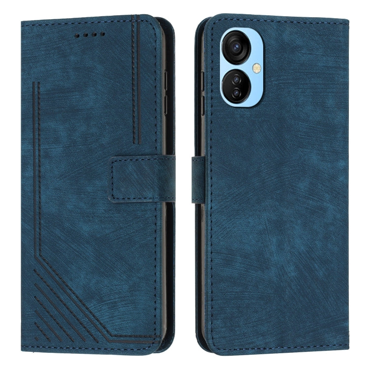For Tecno Spark 9T Skin Feel Stripe Pattern Leather Phone Case with Lanyard