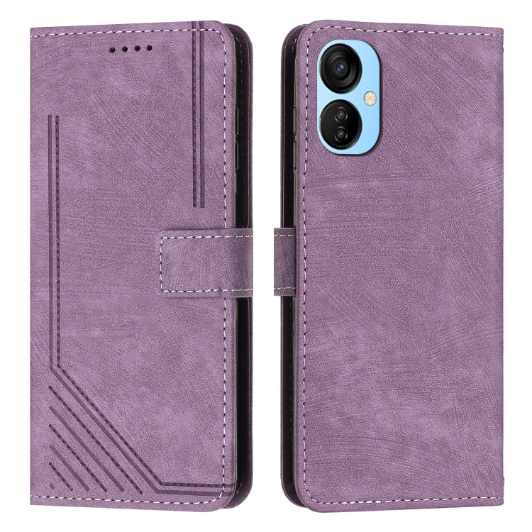 For Tecno Spark 9T Skin Feel Stripe Pattern Leather Phone Case with Lanyard