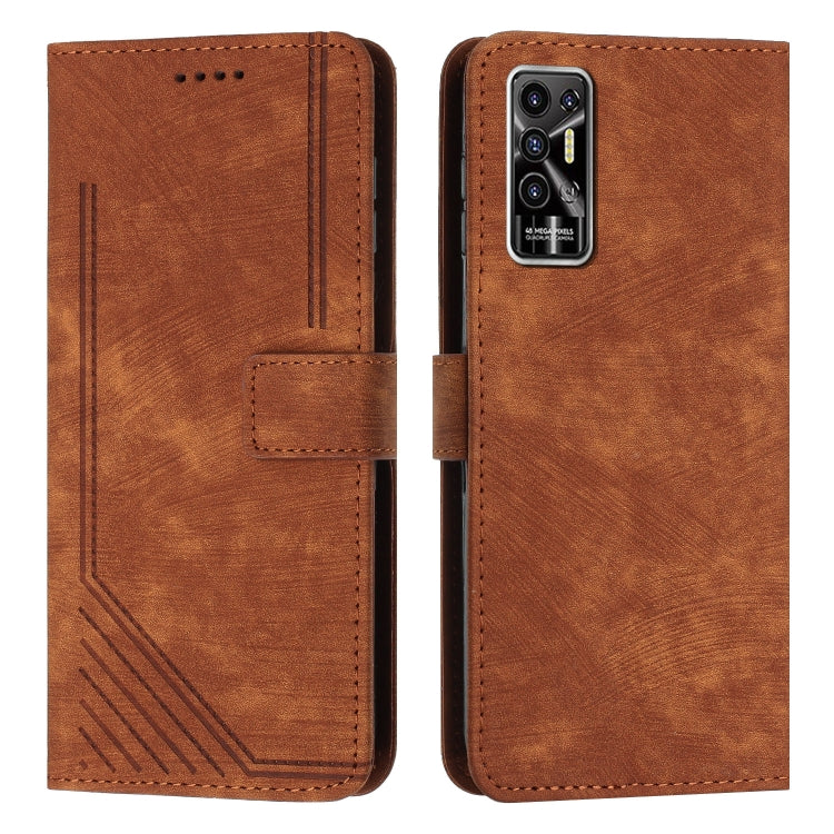 For Tecno Pova 2 Skin Feel Stripe Pattern Leather Phone Case with Lanyard