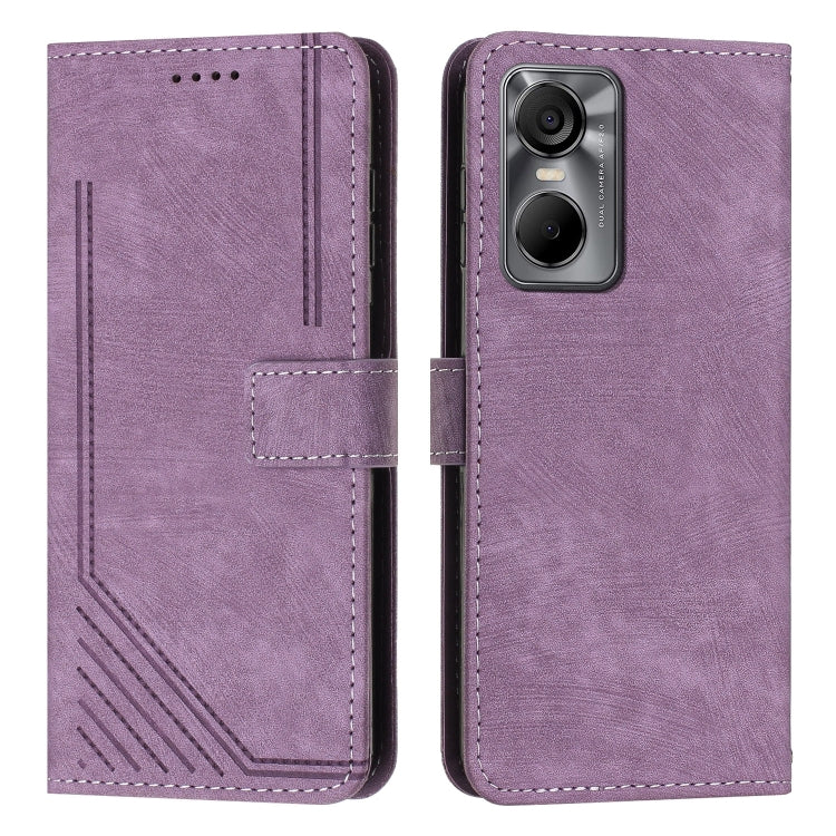 For Tecno Pop 6 Pro Skin Feel Stripe Pattern Leather Phone Case with Lanyard