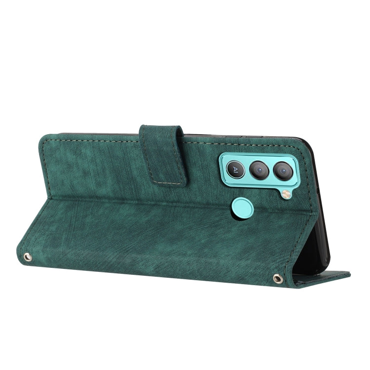 For Tecno Pop 5 LTE Skin Feel Stripe Pattern Leather Phone Case with Lanyard