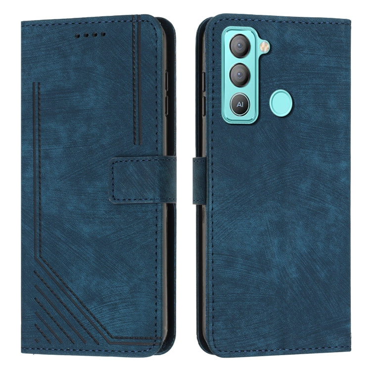 For Tecno Pop 5 LTE Skin Feel Stripe Pattern Leather Phone Case with Lanyard