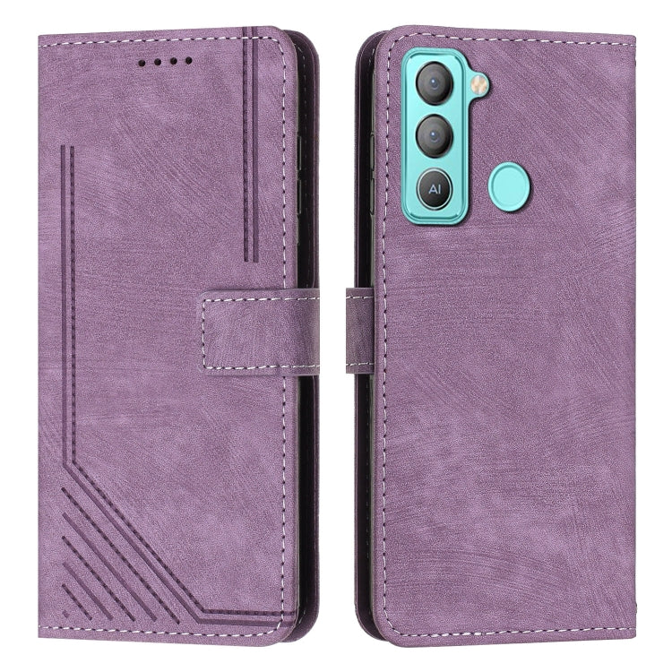 For Tecno Pop 5 LTE Skin Feel Stripe Pattern Leather Phone Case with Lanyard