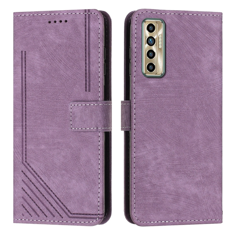 For Tecno Camon 17P / 17 Pro Skin Feel Stripe Pattern Leather Phone Case with Lanyard