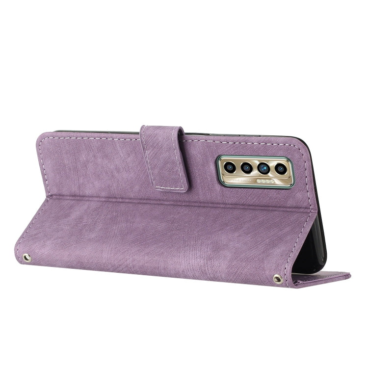 For Tecno Camon 17P / 17 Pro Skin Feel Stripe Pattern Leather Phone Case with Lanyard