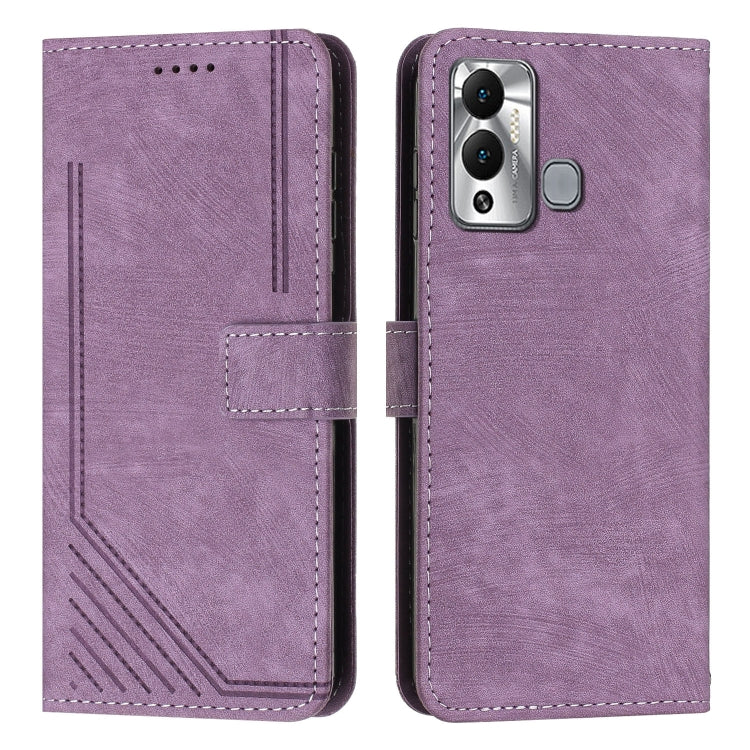 For Infinix Hot 12 Play Skin Feel Stripe Pattern Leather Phone Case with Lanyard