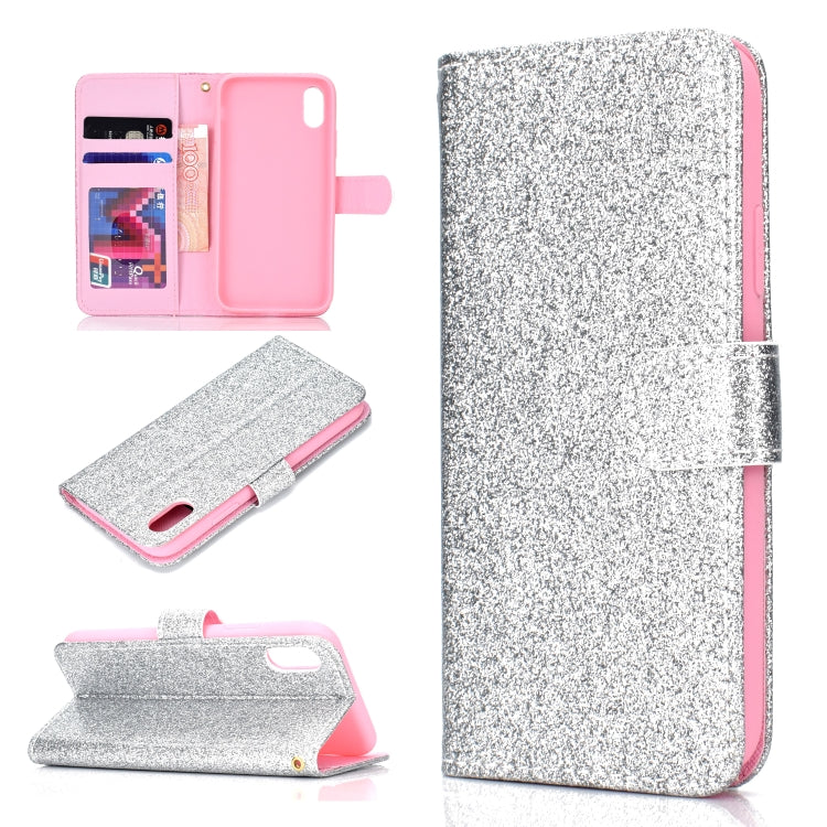 For iPhone XS Glitter Powder Horizontal Flip Leather Case with Card Slots & Holder & Photo Frame & Wallet