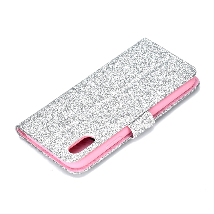 For iPhone XS Glitter Powder Horizontal Flip Leather Case with Card Slots & Holder & Photo Frame & Wallet