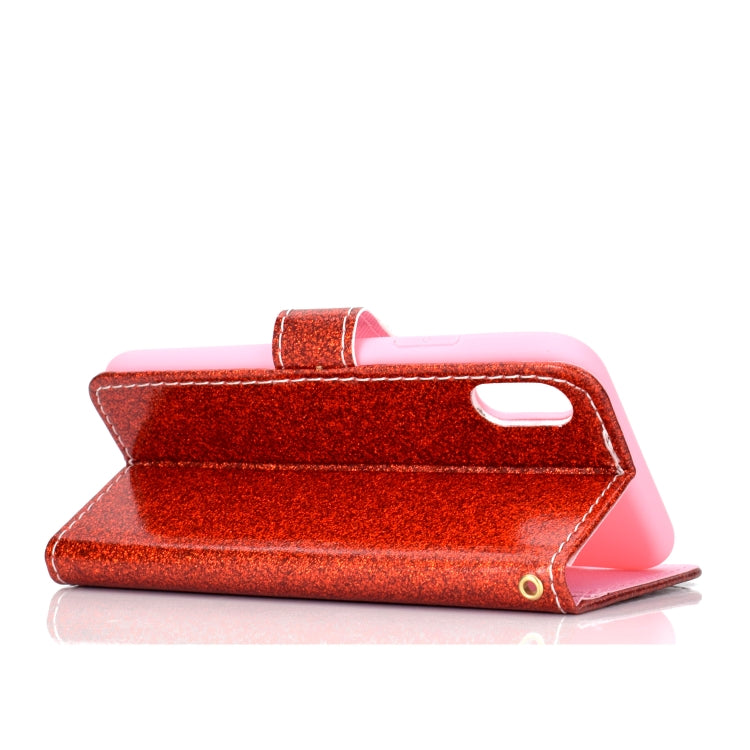 For iPhone XS Glitter Powder Horizontal Flip Leather Case with Card Slots & Holder & Photo Frame & Wallet