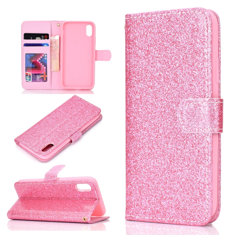 For iPhone XS Glitter Powder Horizontal Flip Leather Case with Card Slots & Holder & Photo Frame & Wallet