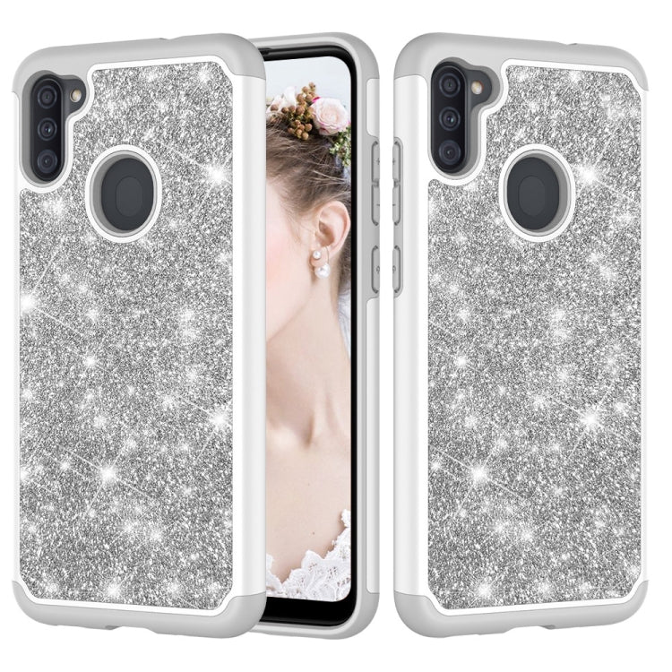 For Samsung Galaxy A11 Glitter Powder Contrast Skin Shockproof Silicone + PC Protective Case
