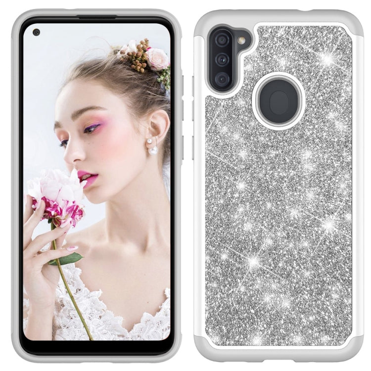 For Samsung Galaxy A11 Glitter Powder Contrast Skin Shockproof Silicone + PC Protective Case