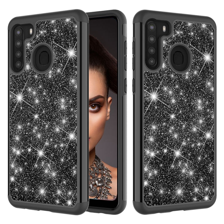 For Samsung Galaxy A21 (US Version) Glitter Powder Contrast Skin Shockproof Silicone + PC Protective Case