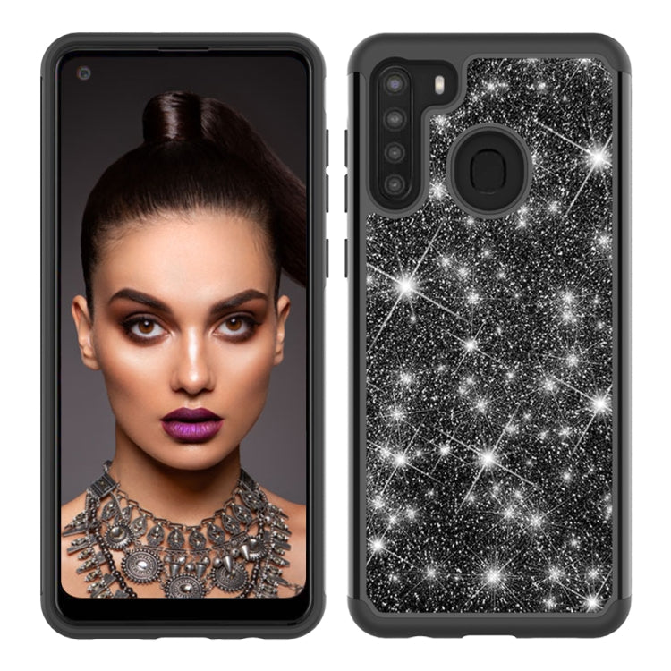 For Samsung Galaxy A21 (US Version) Glitter Powder Contrast Skin Shockproof Silicone + PC Protective Case