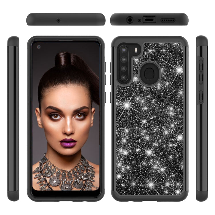 For Samsung Galaxy A21 (US Version) Glitter Powder Contrast Skin Shockproof Silicone + PC Protective Case