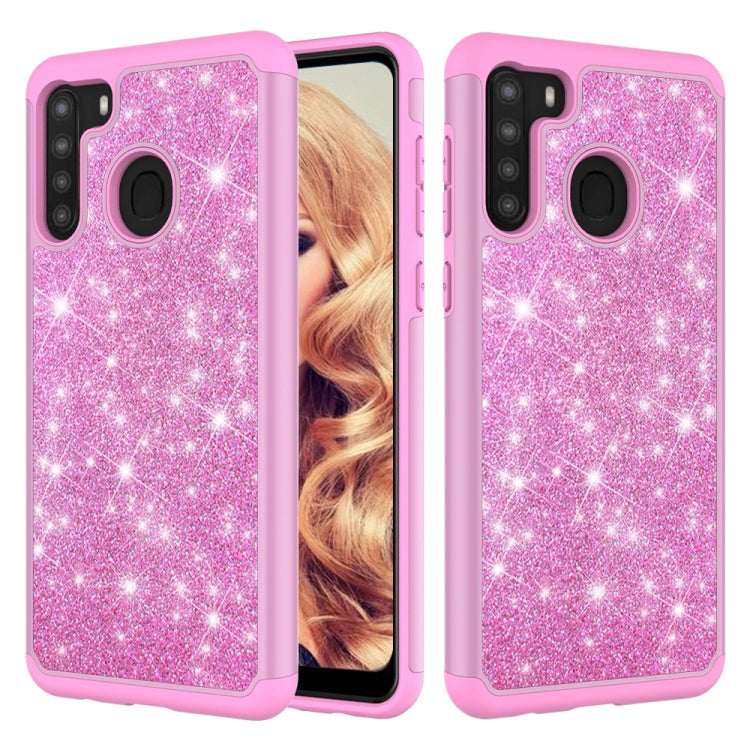 For Samsung Galaxy A21 (US Version) Glitter Powder Contrast Skin Shockproof Silicone + PC Protective Case
