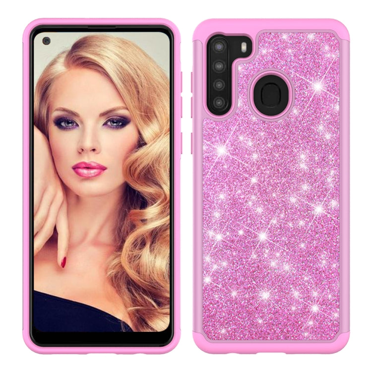 For Samsung Galaxy A21 (US Version) Glitter Powder Contrast Skin Shockproof Silicone + PC Protective Case