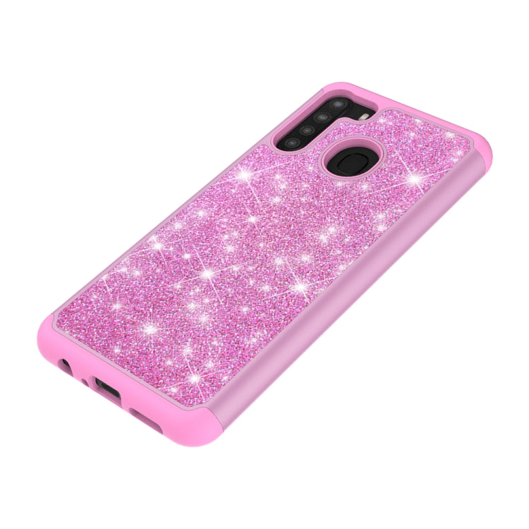 For Samsung Galaxy A21 (US Version) Glitter Powder Contrast Skin Shockproof Silicone + PC Protective Case
