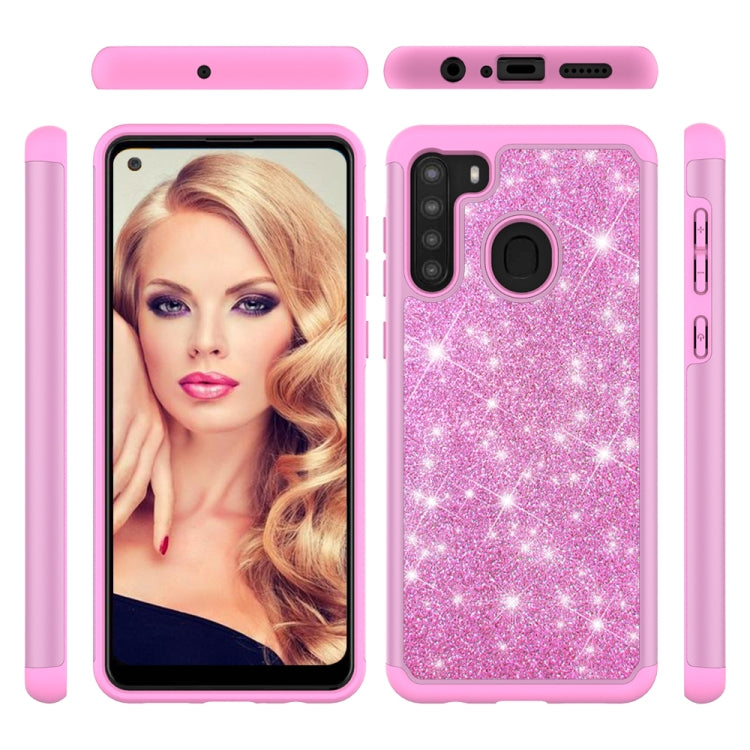 For Samsung Galaxy A21 (US Version) Glitter Powder Contrast Skin Shockproof Silicone + PC Protective Case