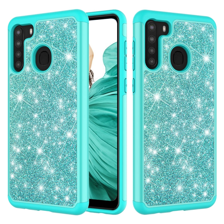 For Samsung Galaxy A21 (US Version) Glitter Powder Contrast Skin Shockproof Silicone + PC Protective Case