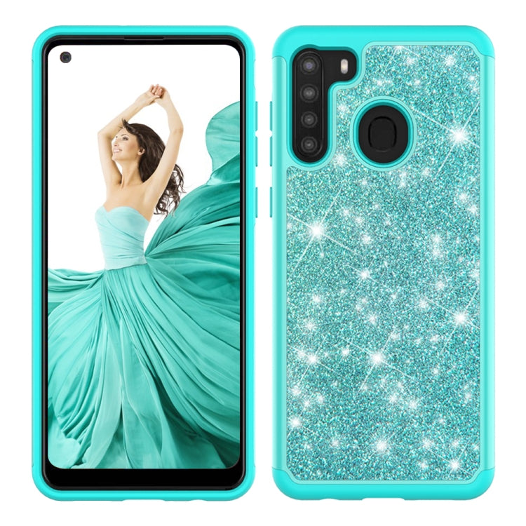 For Samsung Galaxy A21 (US Version) Glitter Powder Contrast Skin Shockproof Silicone + PC Protective Case