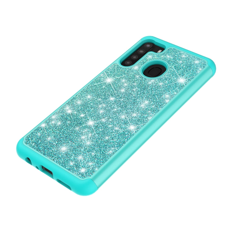 For Samsung Galaxy A21 (US Version) Glitter Powder Contrast Skin Shockproof Silicone + PC Protective Case