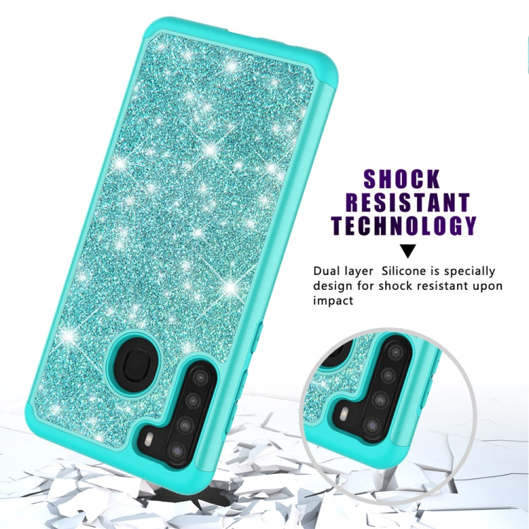For Samsung Galaxy A21 (US Version) Glitter Powder Contrast Skin Shockproof Silicone + PC Protective Case