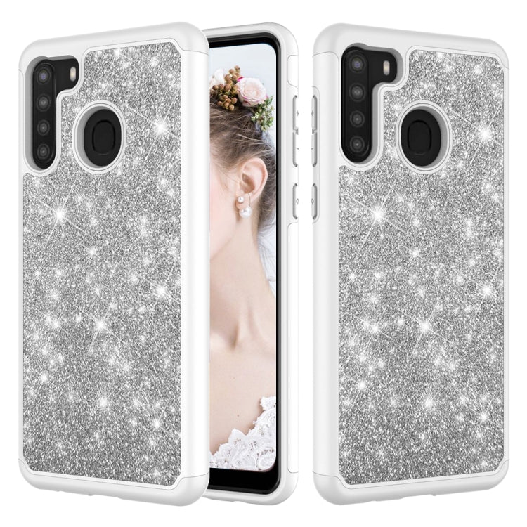 For Samsung Galaxy A21 (US Version) Glitter Powder Contrast Skin Shockproof Silicone + PC Protective Case