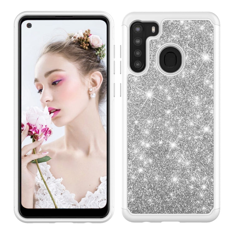 For Samsung Galaxy A21 (US Version) Glitter Powder Contrast Skin Shockproof Silicone + PC Protective Case