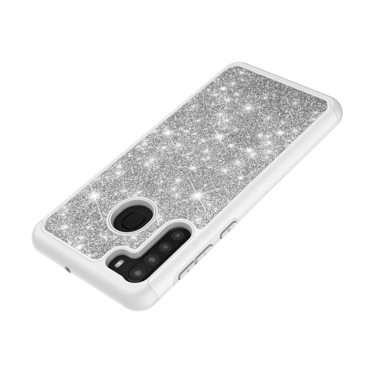 For Samsung Galaxy A21 (US Version) Glitter Powder Contrast Skin Shockproof Silicone + PC Protective Case