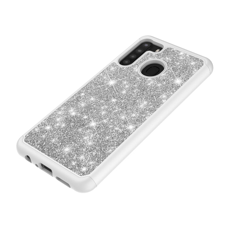 For Samsung Galaxy A21 (US Version) Glitter Powder Contrast Skin Shockproof Silicone + PC Protective Case