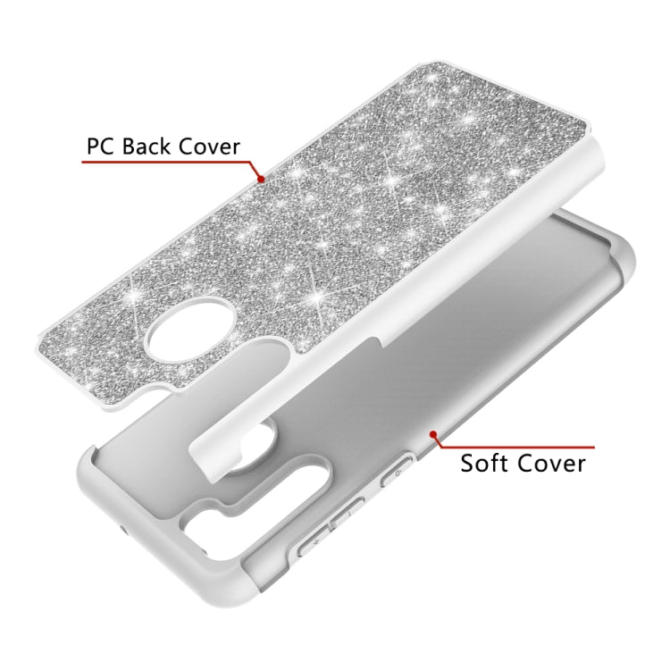 For Samsung Galaxy A21 (US Version) Glitter Powder Contrast Skin Shockproof Silicone + PC Protective Case