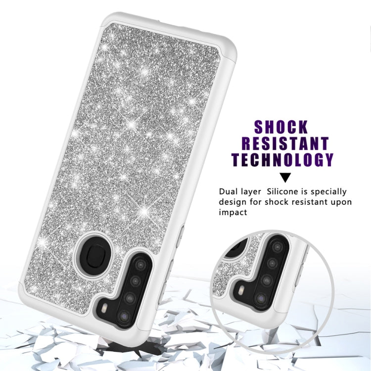For Samsung Galaxy A21 (US Version) Glitter Powder Contrast Skin Shockproof Silicone + PC Protective Case