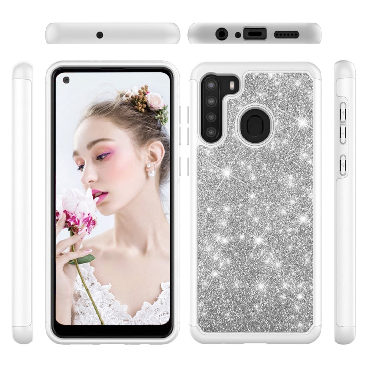 For Samsung Galaxy A21 (US Version) Glitter Powder Contrast Skin Shockproof Silicone + PC Protective Case