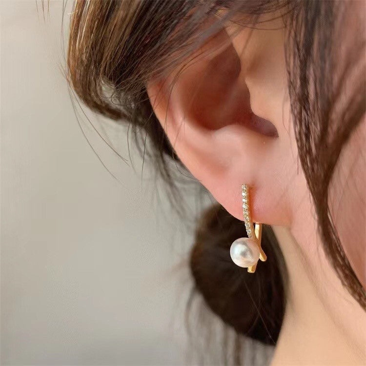 Temperament Ladies Light Luxury Pearl Double Layer Earrings Diamond Earrings, Specification:EH1456
