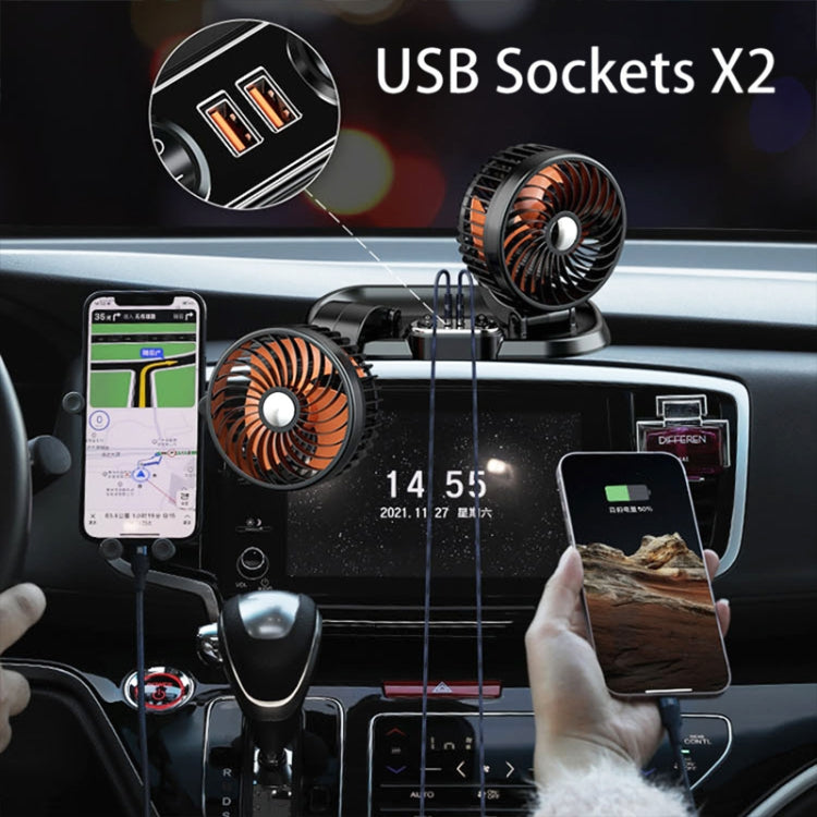 F622U Car Creative Folding Rotatable Double Head Electric Cooling Fan with Dual USB Charging Port, Style:24V Cigarette Lighter